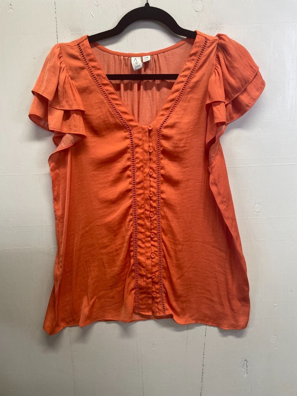 Joie Women's Large Button-up Blouse Eyelet Trim V-Neck Layered Flutter Sleeves